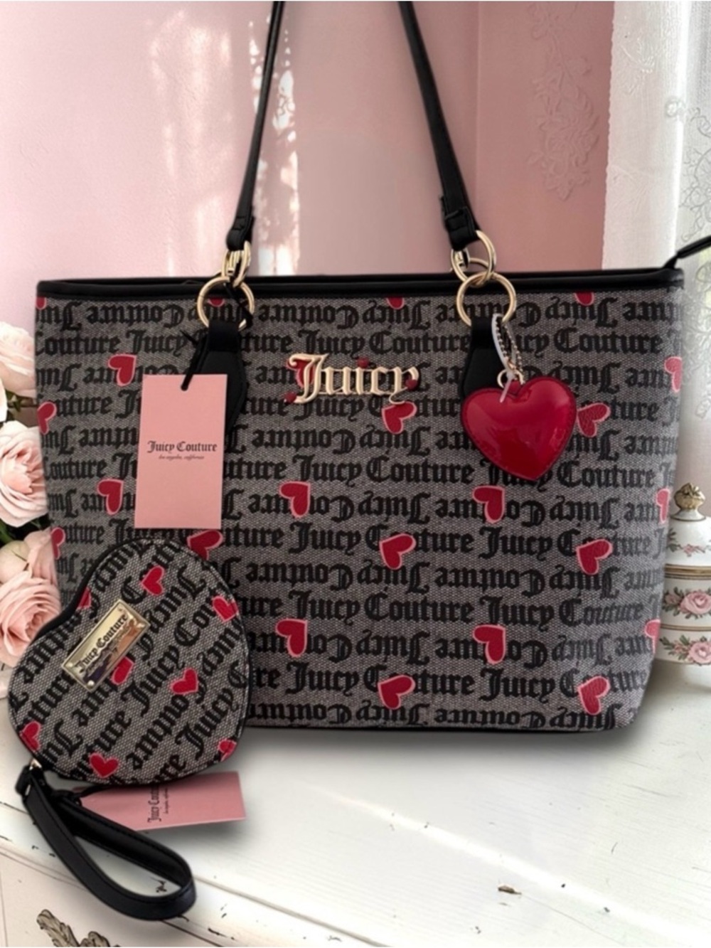 Juicy Couture Black Red Hearts I Heart Juicy Tote Bag & Wristlet